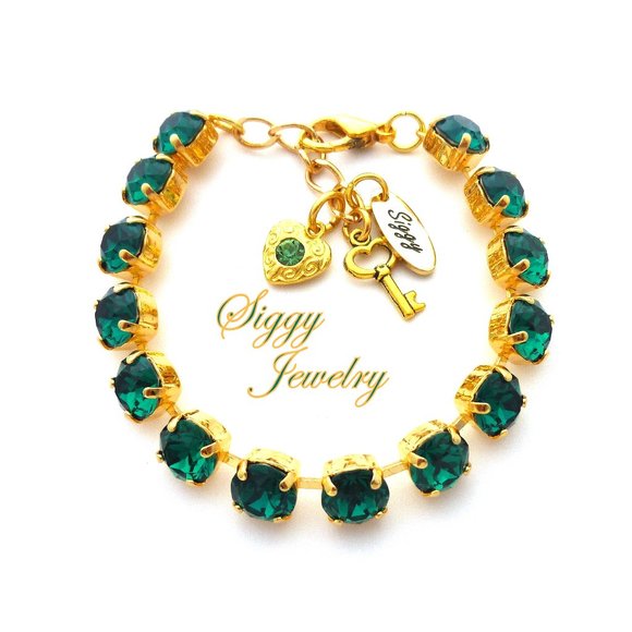 Emerald Green Tennis Bracelet made with Genuine Swarovski crystals Gold Finish - Picture 1 of 10